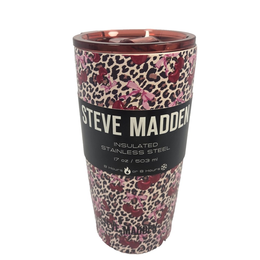 Steve Madden 17 oz Tumbler Cherry Leopard Print Pink Bows Insulated Cup Lid
